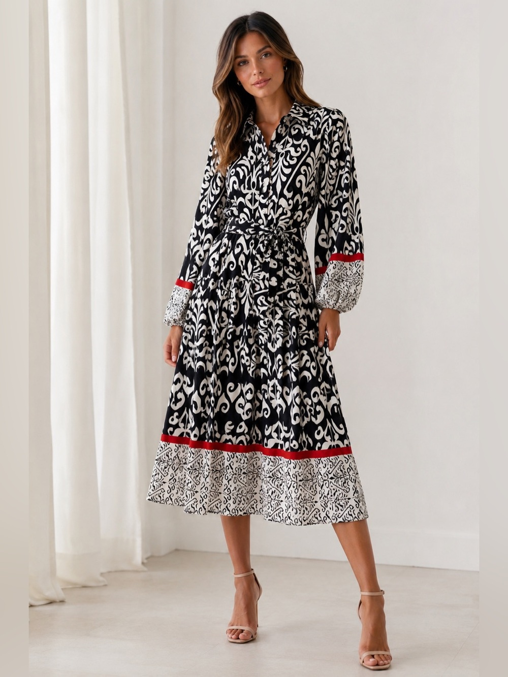 Gracia Black & White Printed Midi Dress with Red Trim